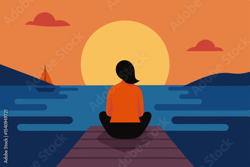 Relaxing man meditating in a boat on the calm sea at sunset