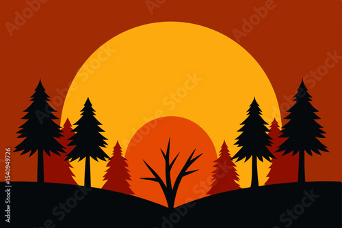 Colorful autumn sunset in a forest with silhouetted trees and a beautiful sky