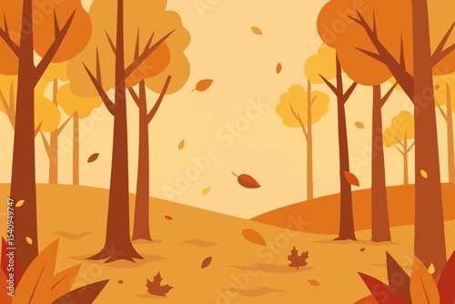 Autumn forest landscape with trees and colorful fall leaves