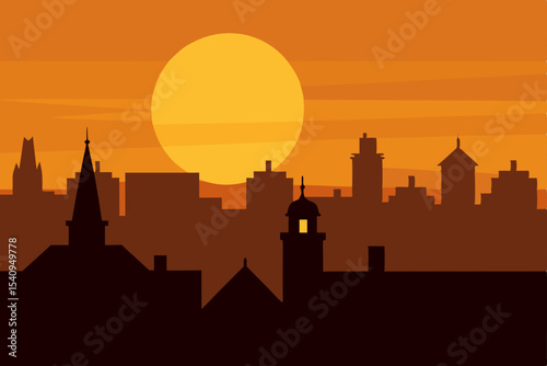 Prague's iconic castle silhouette and Charles Bridge adorn the city skyline at sunset under an orange sky