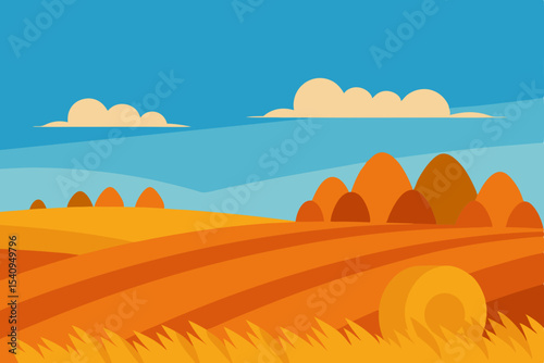 Vibrant summer sunset over a desert mountain landscape with an orange sky and abstract clouds, perfect for travel illustrations