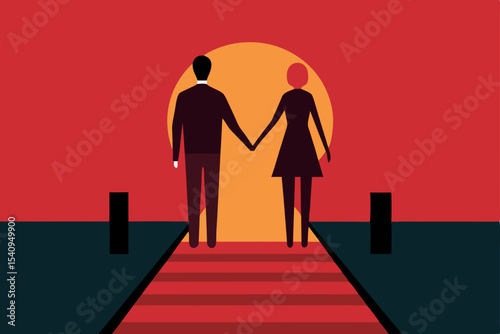 Silhouette of a loving couple and family with a child, a symbol of togetherness