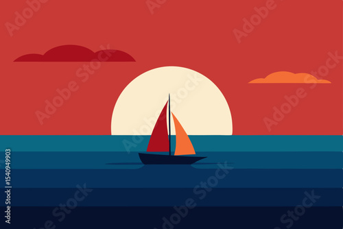 A serene sailboat glides across the ocean at sunset