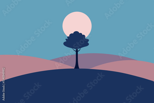 Serene Sunset Landscape Minimalist Tree Silhouette Against a Pastel Sky