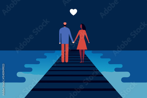 Romantic Couple Walking on a Pier at Night Love, togetherness, and serenity