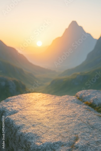 Sunrise Over Mountain Valley with Rock Foreground and Soft Golden Light  for natural products and seasonal showcases