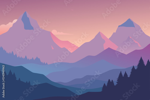 Sunrise in the mountains with a misty morning sky and a beautiful natural landscape view