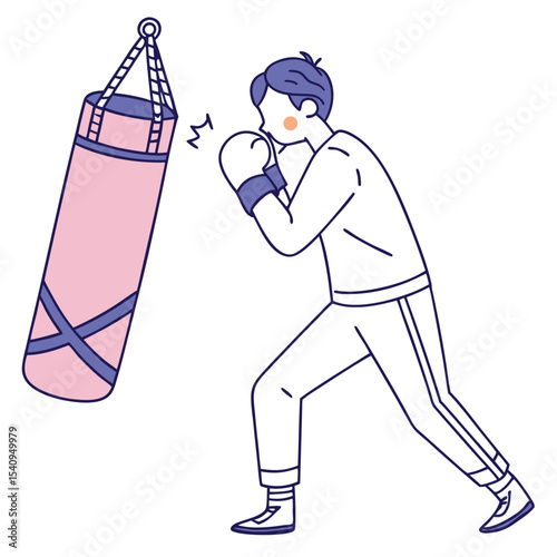 Flat vector of a faceless man boxing with a punching bag. Great for sports, fitness, training, and self-discipline visuals. This is not AI-Generated