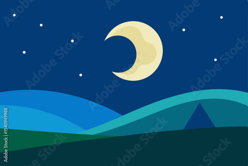 Moon and stars illuminate a dark winter night sky landscape with a shimmering silhouette of trees reflecting on water