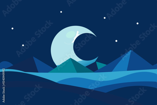 Moon and stars illuminate the tranquil night ocean landscape with waves and a lone boat