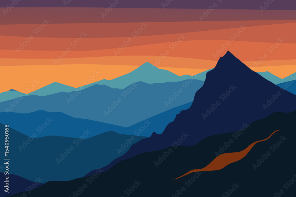 Naklejka premium Majestic Mountain Range at Sunset A Serene Landscape Illustration