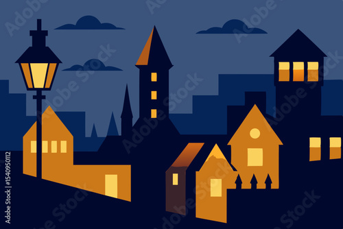 Night Cityscape  Illuminated Buildings and Cozy Streetlamp at Dusk
