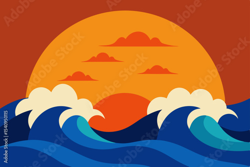 Vibrant Sunset Over Ocean Waves A Stunning Coastal Illustration