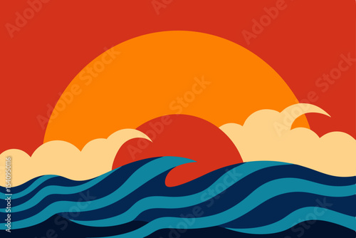 Sunset Ocean Waves A Vibrant Retro Illustration of Coastal Serenity