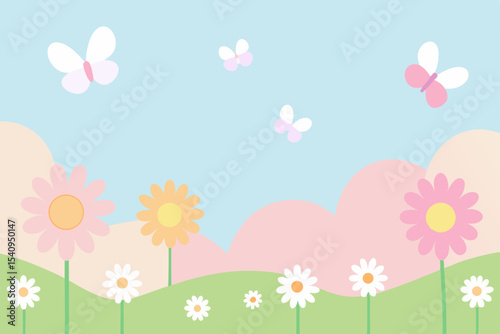 Pastel Spring Meadow Butterflies and Blossoms in a Dreamy Landscape