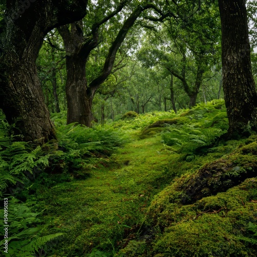 a lush forest filled with towering oak trees ferns and vibrant moss covering the ground representing a healthy ecosystem