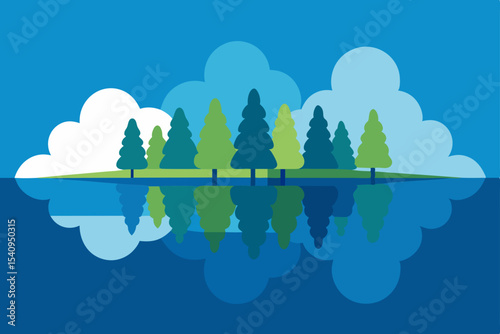 Serene Island Tranquil Evergreen Forest Reflected in Calm Waters