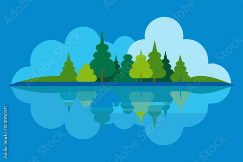 Serene Lakeside Forest Reflection A Peaceful Nature Illustration