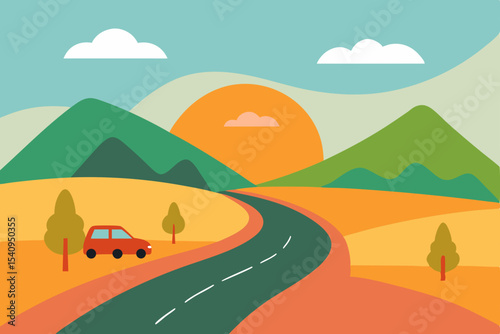 Scenic Road Trip Sunset Mountain Drive, Autumn Landscape Illustration