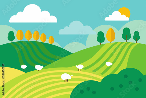 Serene Rolling Hills Landscape Pastoral Scene of Green Fields and Sheep