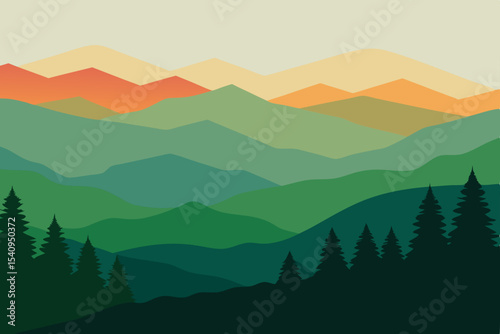 Serene Mountain Landscape Layers of Green and Gold Hues