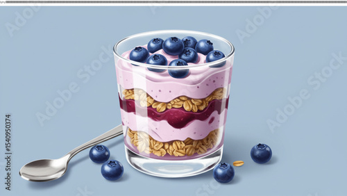 Blueberry Yogurt Parfait: A tantalizing visual of layers of creamy yogurt, crunchy granola, and juicy blueberries artfully arranged in a glass.
