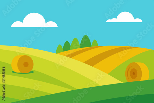 Serene Summer Landscape Rolling Hills, Hay Bales, and Sunny Skies