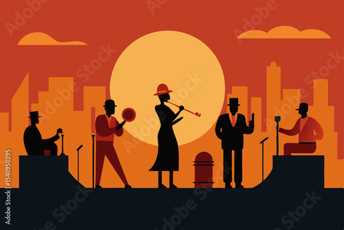 Sunset Jazz Performance Musicians Silhouette Against City Skyline