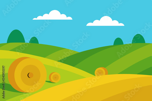 Serene Rolling Hills Landscape Hay Bales Under Summer Sky