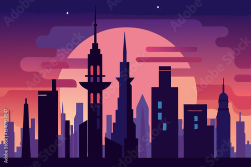 Futuristic Cityscape Silhouette at Sunset A Vector Illustration of Modern Architecture