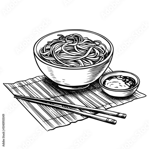 Hand-drawn bowl of soba noodles with sauce and chopsticks, vector isolated on white background  