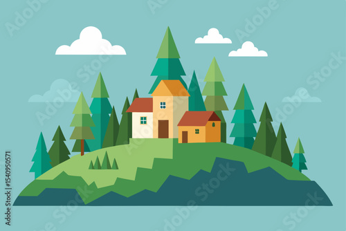 Serene Mountain Village Picturesque Houses nestled amidst lush green hills and towering pine trees