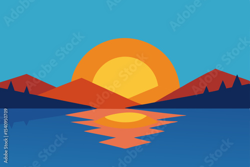 Sunset Landscape Minimalist Mountain and Lake Illustration