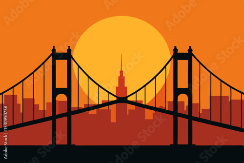 Sunset Silhouette Cityscape Bridge at Golden Hour