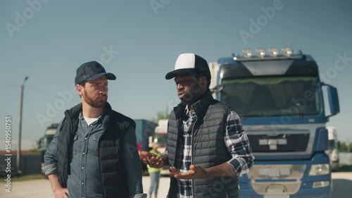 Two men walking side by side in logistics yard having conversation near parked blue truck. Discussing delays or planning next move. Focused expressions while coordinating transport tasks.