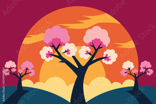 Sunset Blossom Serene Pink Cherry Trees Silhouette at Dusk
