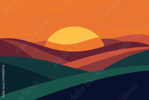 Sunset Landscape Vibrant Hues of Orange and Teal Hills