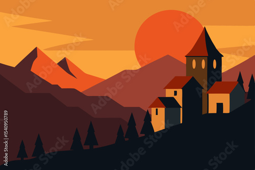 Sunset Mountain Village A Serene Minimalist Landscape Illustration