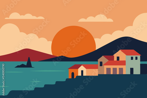 Mediterranean Sunset Coastal Village Illustration with Sun, Sea, and Mountains