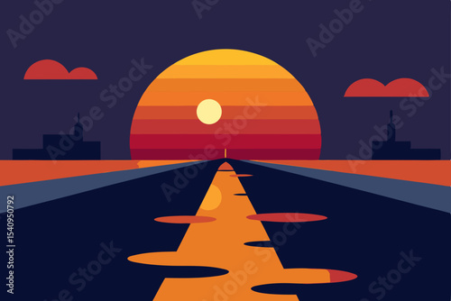 Sunset Highway A Minimalist Vector Illustration of a Road Leading to the Setting Sun