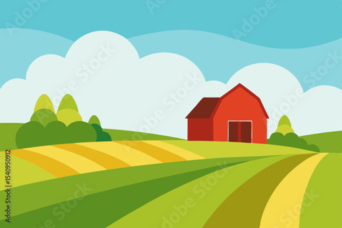 Serene Farmland Landscape Rolling Hills, Red Barn, and Golden Fields
