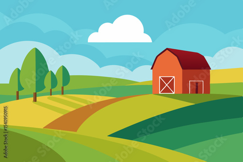 Idyllic Farm Scene Rolling Hills, Red Barn, and Sunny Skies