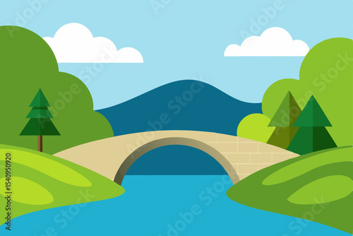 Serene Landscape Picturesque Bridge over Calm River, Green Hills, and Blue Mountains