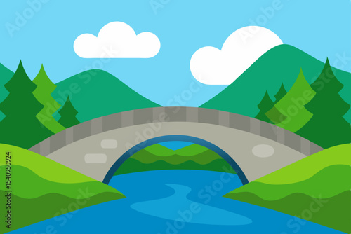 Serene Stone Arch Bridge Over River in Mountain Landscape