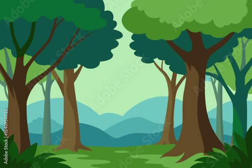 Serene Forest Landscape Lush Green Trees and Misty Mountains
