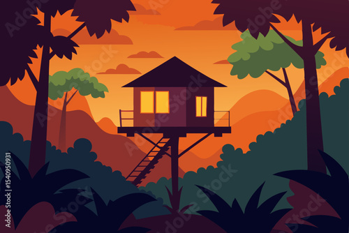 Sunset Serenity Tropical Treehouse Escape in Lush Jungle Landscape