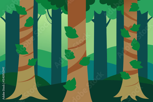 Lush Forest Tranquil Trees, Verdant Vines, Serene Landscape Illustration