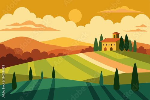 Tuscan Sunset Rolling Hills, Cypress Trees, and a Charming Villa