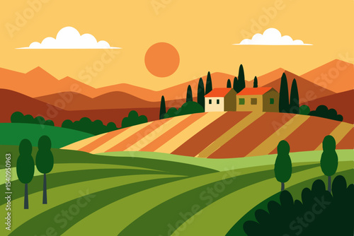 Tuscan Countryside Sunset Rolling Hills, Farmhouses, and Golden Hour Landscape
