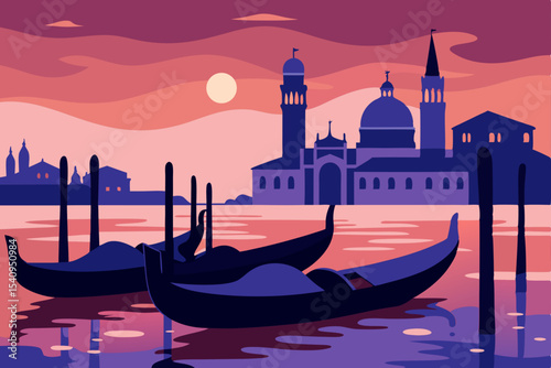 Romantic gondolas on Venice canals at sunset